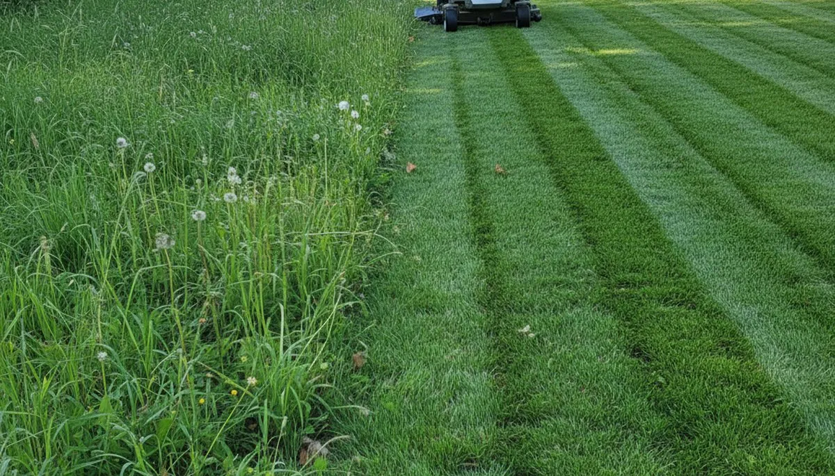 Before and after professional lawn mowing in Mountain View, CA showing lush, even grass transformation