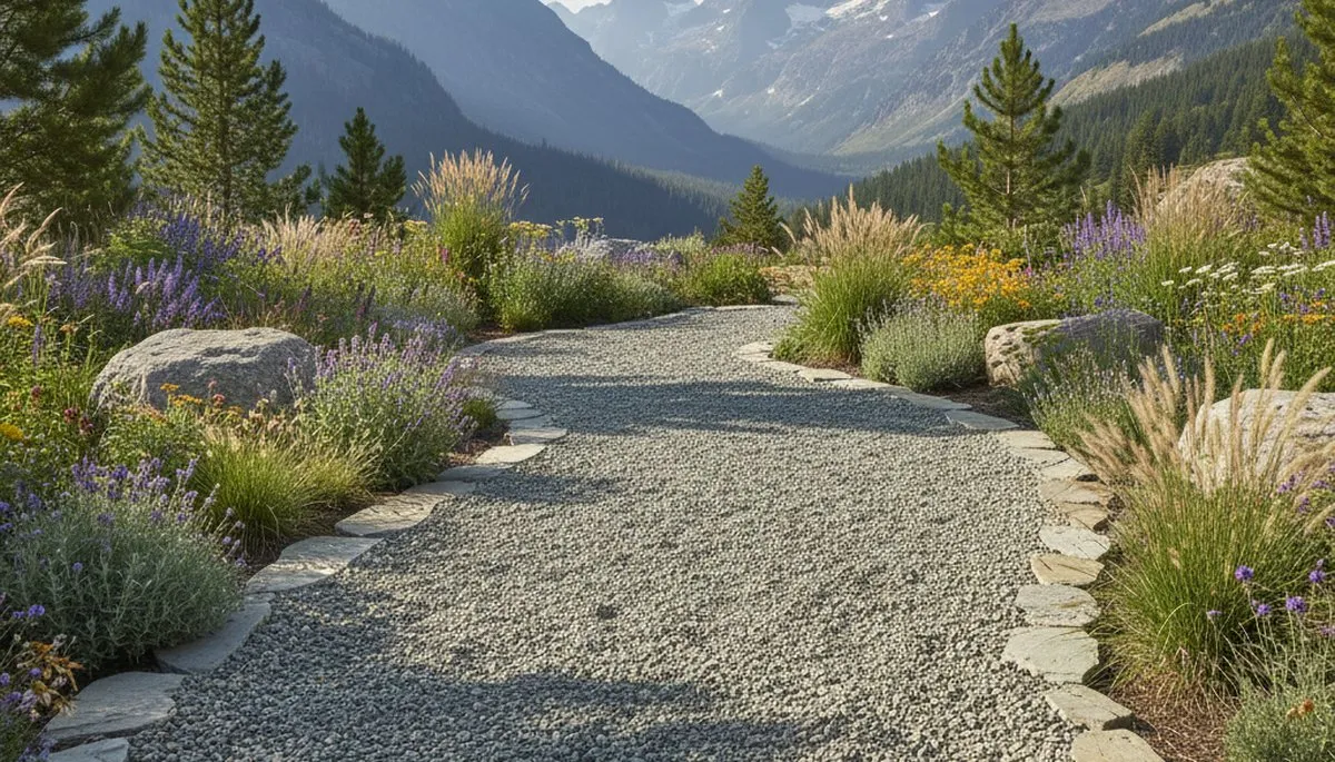 Pea gravel garden path in Mountain View CA landscape by Chop Chop Landscaping showing natural design