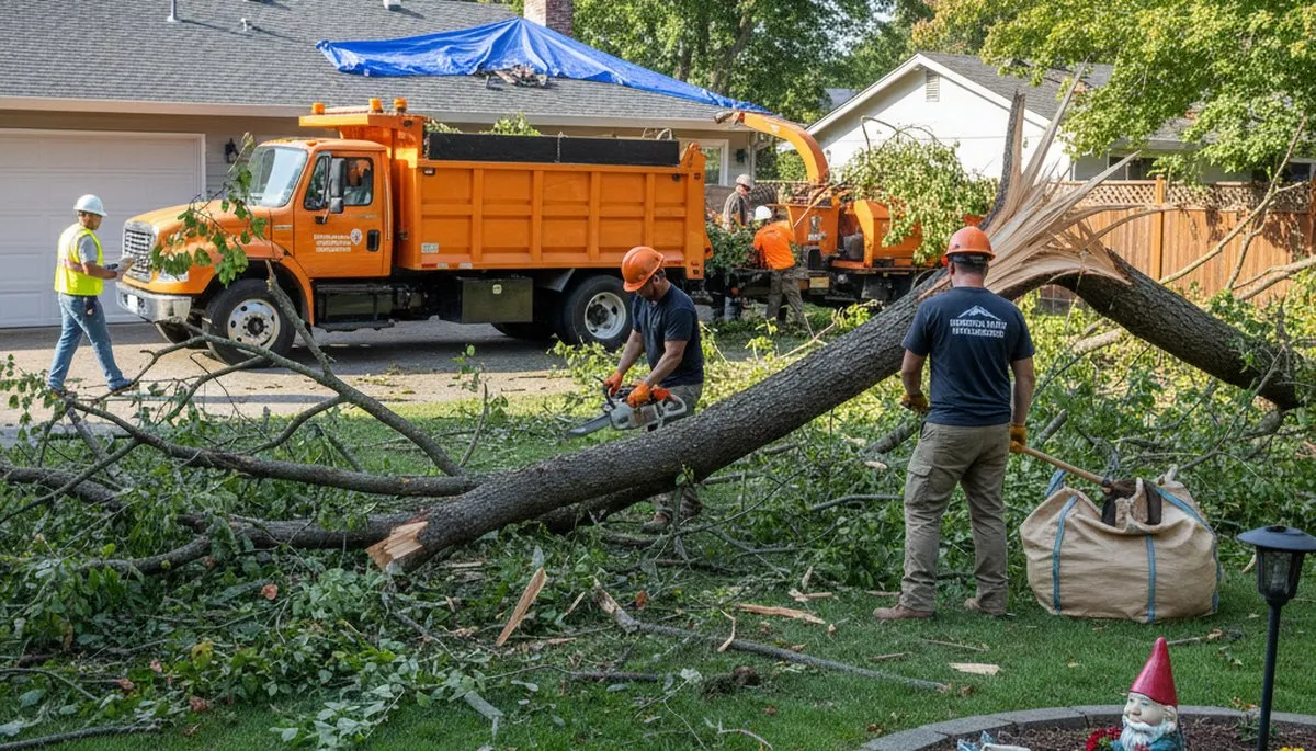 Landscapers removing storm debris and fallen branches during yard clean up in Mountain View, CA